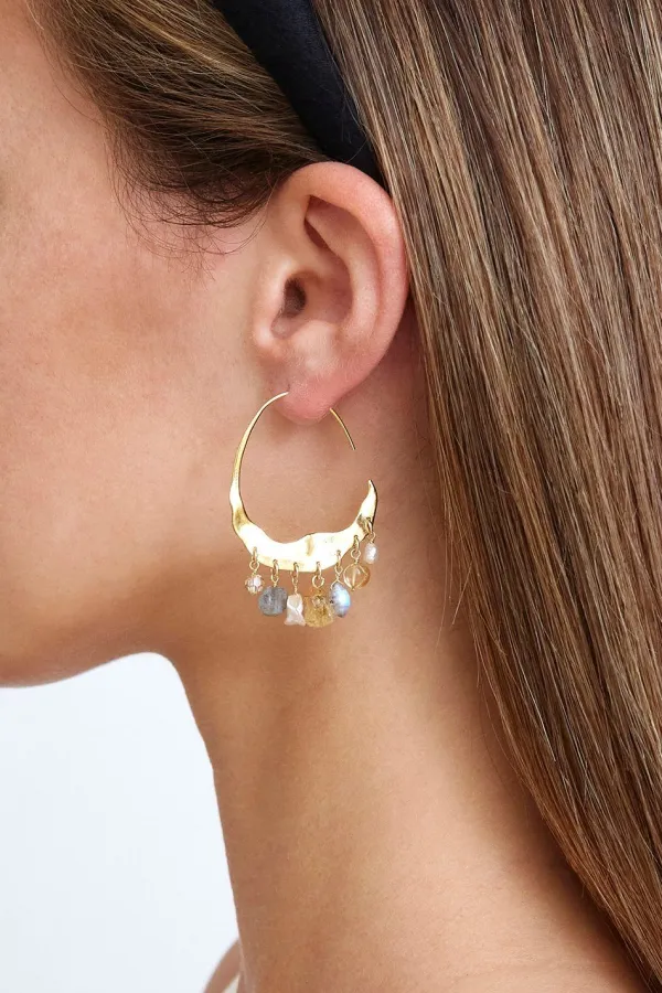 Chan Luu Earrings^Crescent Cream Pearl And Citrine Mix Gold Hoop Earrings