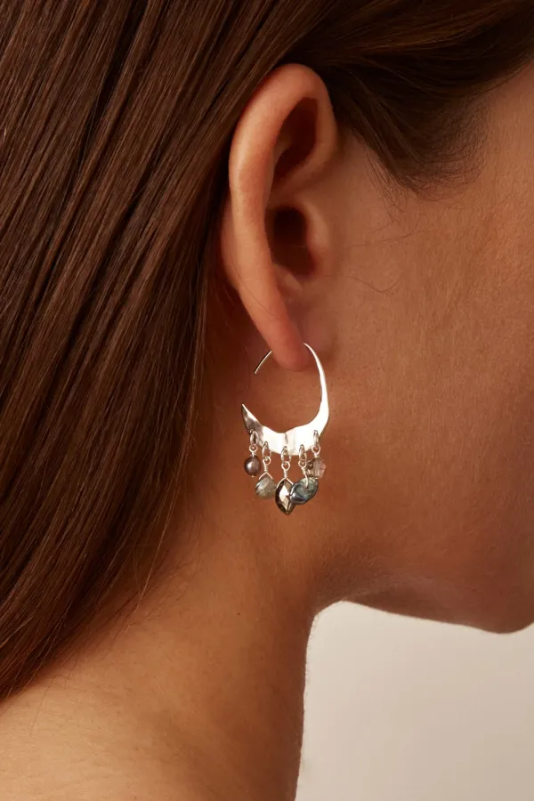 Chan Luu Earrings^Petite Crescent Grey Pearl And Labradorite Mix Silver Hoop Earrings